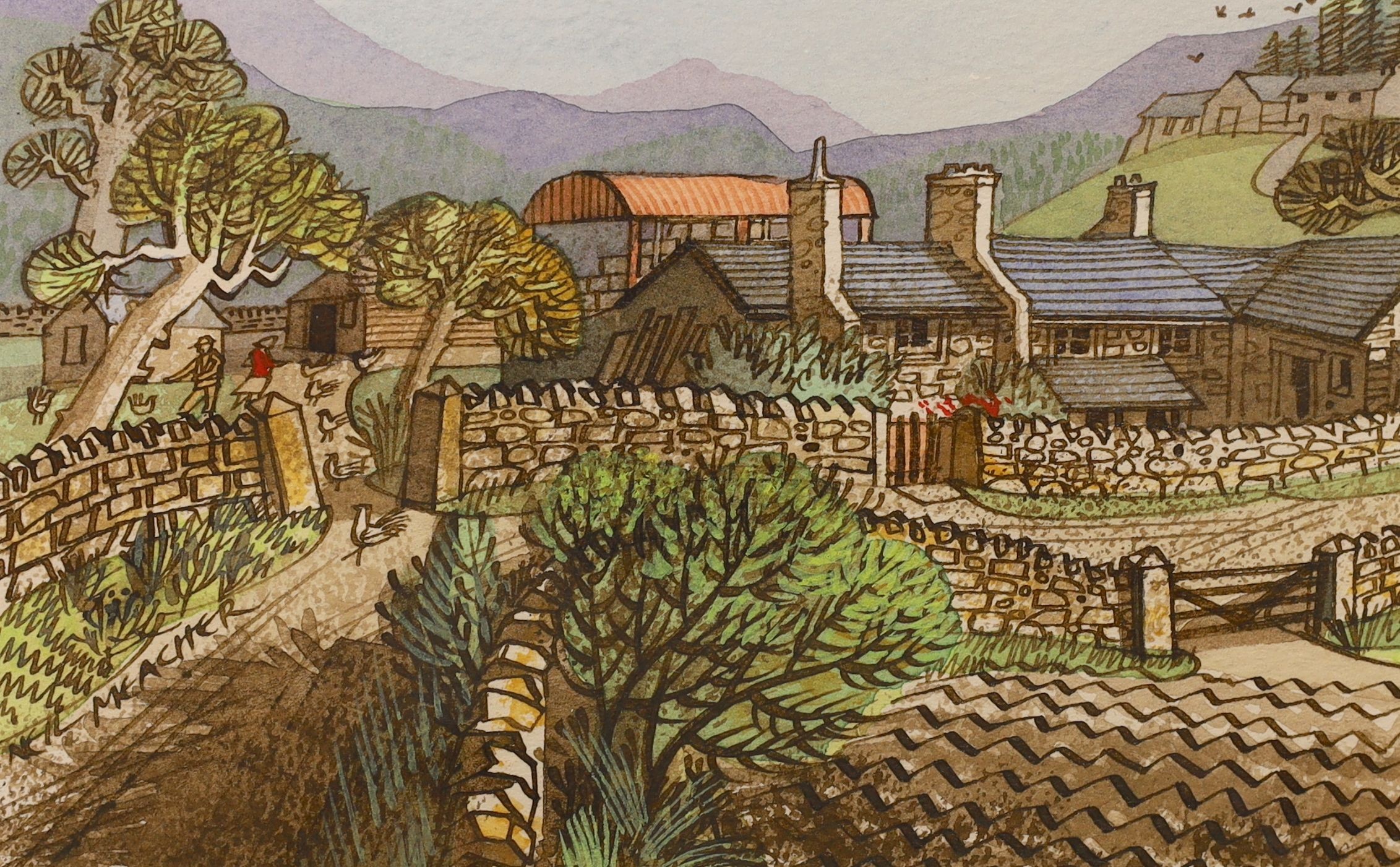 Neil Meacher (1934-2010), two ink and watercolours, 'Feeding Time', signed and inscribed verso 10x16cm and 'Welsh Farm, Snowdonia', signed and inscribed verso 10x16cm